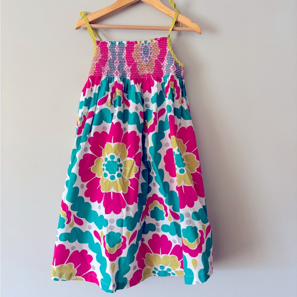Mini Boden Girls Floral Cotton Sundress with Pink and Green Accents 7-8 yrs